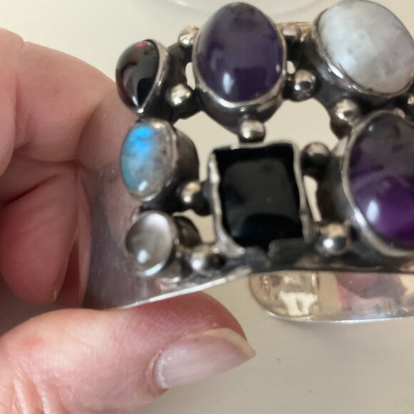 925 sterling silver cuff bracelet with 12 semi-precious stones - Picture 7 of 8